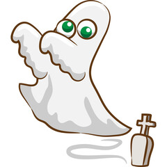Whimsical Cartoon Ghost with Googly Eyes Floating Near a Tombstone with a Transparent Background
