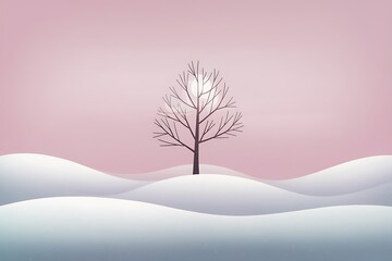 Serene Winter Landscape Featuring a Solitary Bare Tree Against a Soft Pink Sky, a peaceful and minimalist scene.