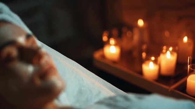 A person relaxing in a spa, wearing a facial mask with a towel wrapped around the head, candlelight glowing in the background.