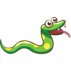 Fototapeta premium Whimsical Cartoon Green Snake with Yellow Spots and Big Googly Eyes Sticking Out its Pink Tongue with a Playful Expression on a Transparent White Background