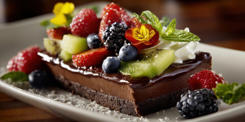 Decadent chocolate dessert topped with fresh berries and whipped cream. delicious dessert features a rich chocolate base and is beautifully garnished with a variety of fresh fruits and cream.
