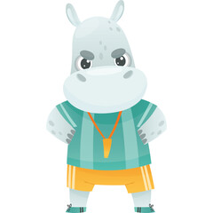 Whimsical Cartoon Hippo Coach Wearing Teal Polo Shirt and Yellow Shorts With Whistle Necklace Standing Proudly Against Transparent Background