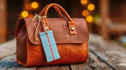 Stylish leather handbag with rustic charm and a cute denim tag, a classic accessory for everyday fashion and vintage inspired style, perfect for lifestyle blogs