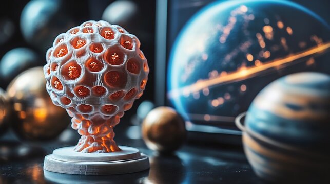 Science research model of cell structure biology and planet earth exploration in laboratory setting