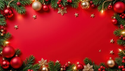 Festive Holiday Decorations with Red Background, Ornaments and Greenery for Christmas Celebration