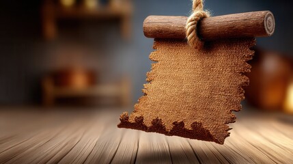 Rustic burlap scroll hanging, inviting vintage charm for your design projects, conveying warmth and timelessness in every thread, perfect for announcements