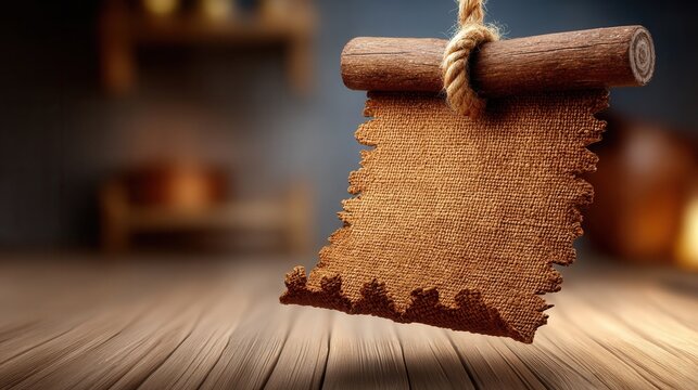 Rustic burlap scroll hanging, inviting vintage charm for your design projects, conveying warmth and timelessness in every thread, perfect for announcements