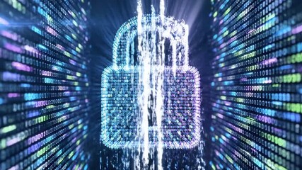 A glowing, pixelated padlock composed of data particles amid a neon tunnel of cyber streams further - Powered by Adobe