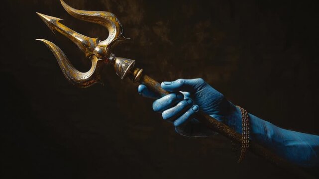 Hand holding a golden trident against a dark background