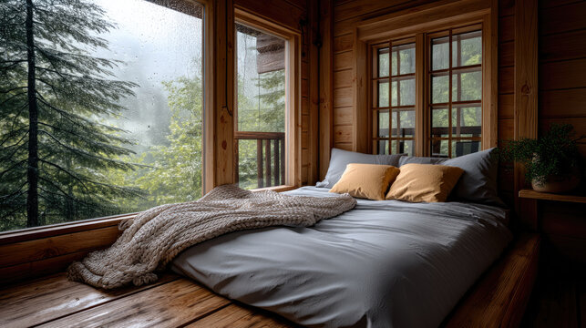 Cozy wooden cabin bedroom with large windows, soft bedding, yellow pillows, and forest view on rainy day, peaceful and inviting