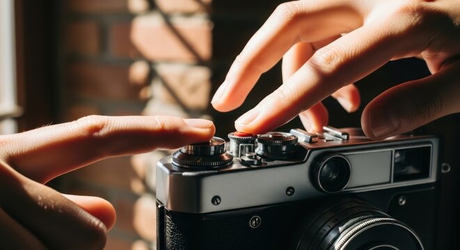 Capturing memories: a vintage camera in focus with hands adjusting settings for a perfect shot - Powered by Adobe