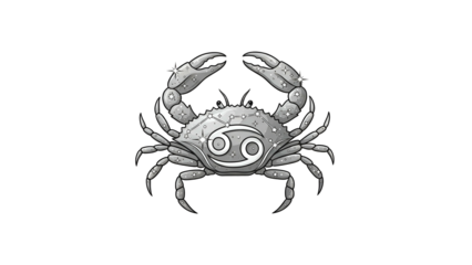 Monochrome illustration of the Cancer zodiac sign; a crab on black background
