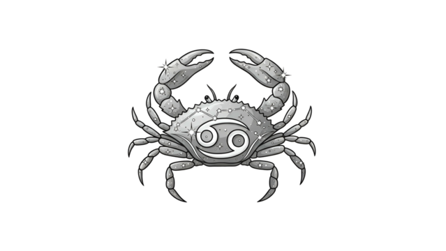 Monochrome illustration of the Cancer zodiac sign; a crab on black background