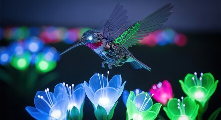 Fototapeta premium Cybernetic hummingbird gracefully hovering above luminous flora in a dreamlike setting