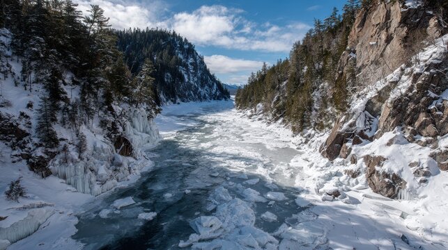Frozen river canyon with snow covered trees and ice formations under blue sky winter
