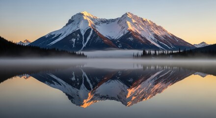 Serene mountain lake reflecting snow-capped peaks and morning sunlight creating a picturesque