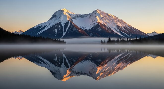 Serene mountain lake reflecting snow-capped peaks and morning sunlight creating a picturesque