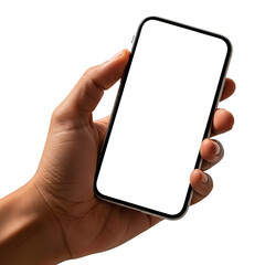 Hand, holding a modern smartphone with a blank white screen, cutout, PNG isolated on a transparent background, AI
