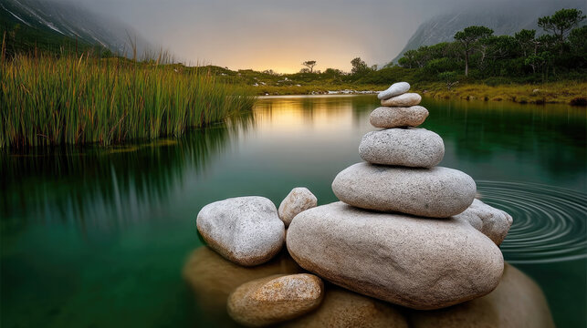 Balanced stone stack on smooth rock in tranquil green lake, misty mountain background, peaceful nature, calm water reflection