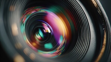 Abstract Camera Lens Close-Up with Colorful Reflections and Circular Design.