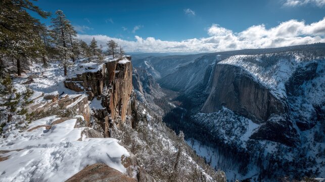 Snow covered Yosemite Valley cliffs and pine trees under blue sky winter california