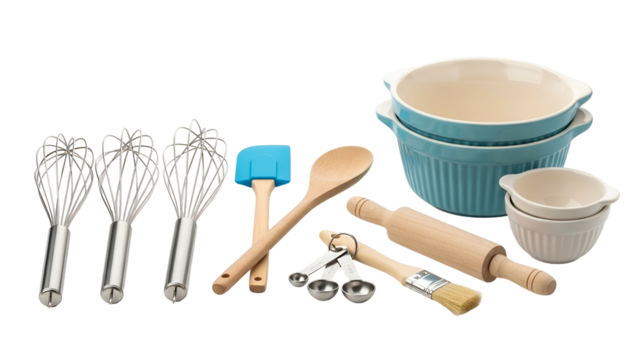 Assortment of kitchen baking utensils and ceramic bowls displayed against a solid dark background