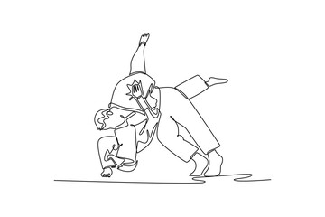 Continuous one line drawing two men are performing dynamic throw with one executing a hip-and-shoulder technique. Power, balance, and fluid motion. Single line draw design vector graphic illustration