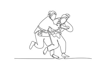 Single continuous line drawing two beautiful women are locked in close-quarters grapple with one executing hip throw setup. Technique strength of Judo. One line draw graphic design vector illustration