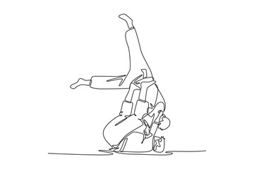 Single continuous line drawing two men performing dynamic throw, with one figure inverted in mid-air during execution of Judo or martial art technique. One line draw graphic design vector illustration