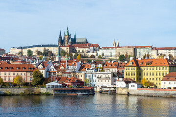 Fototapeta premium Cityscape of Prague with Vltava River in Czechia from Charles Bridge Praha Castle Old Town roofs