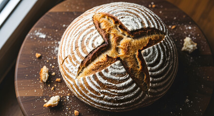 Freshly baked sourdough bread loaf with decorative scoring on a wooden cutting board surface view