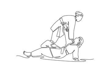 Single continuous line drawing two women are locked in close-quarters grapple on the ground with one applying leg control or choke hold over the other. One line draw graphic design vector illustration