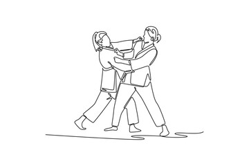 Single one line drawing two women are locked in a close-quarters grapple for collar and sleeve. Strategic and focused intensity of Judo combat. Continuous line draw design graphic vector illustration