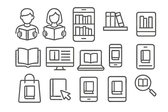 Outline icons for digital library services, online reading, and educational technology