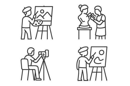 Creative professions set featuring painting, sculpting, and photography occupations
