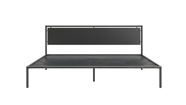 Modern black metal bed frame with headboard, minimalist design on black background
