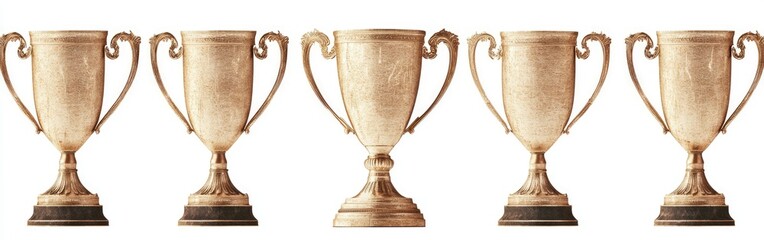 Set of ornate gold trophy cups displayed on a white background, showcasing intricate designs and vintage charm that highlight their historical significance and elegance from a bygone era