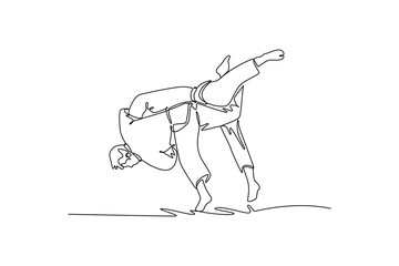Single one line drawing two men are performing dynamic hip throw or reaping technique, with one figure lifting the other off the ground. Modern continuous line draw design graphic vector illustration