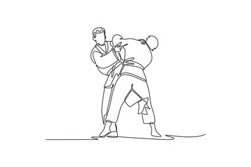 Single one line drawing two men are locked in close-quarters grapple with one executing hip throw setup. Dynamic technique and strength of Judo. Continuous line draw design graphic vector illustration