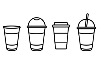 Various disposable beverage containers in outline style including hot coffee cups and cold drink tumblers