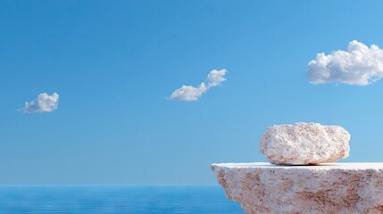 A single white stone rests on the edge of a rocky cliff overlooking a calm blue ocean. Fluffy white clouds drift across a clear blue sky, creating a serene and