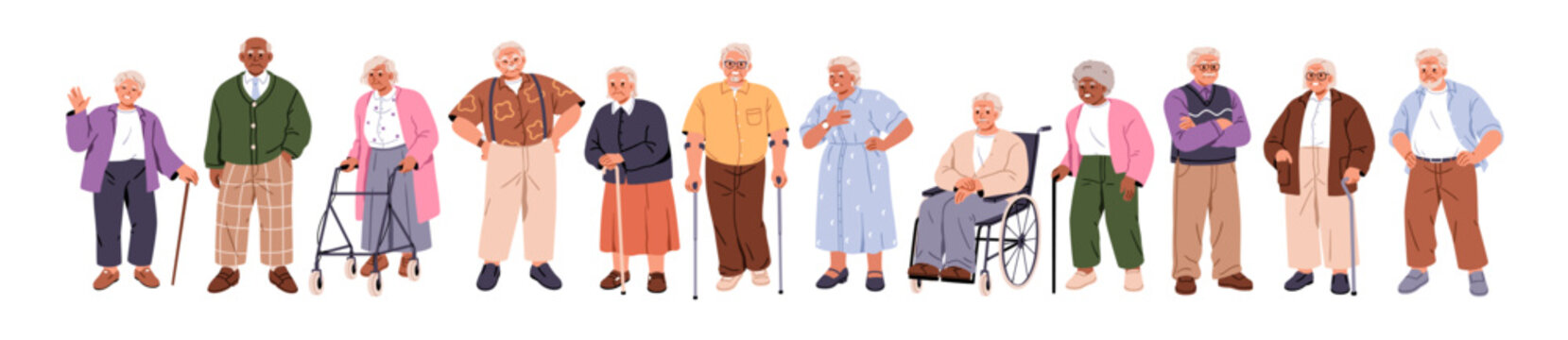 Elderly people set. Gray-haired senior aged men and women with cane, walker and wheelchair. Happy old retired male and female characters. Flat vector illustration isolated on white background