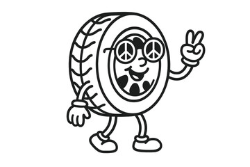 Obraz premium Retro cartoon tire mascot character wearing peace symbol sunglasses and showing the peace sign