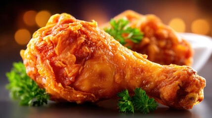 Golden fried chicken drumsticks with fresh parsley, ready for a delicious dinner or tasty takeout menu promotion, crispy and juicy, mouth watering meal