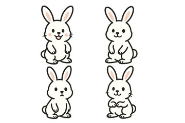 Set of four cute white bunnies displaying different expressions and body language