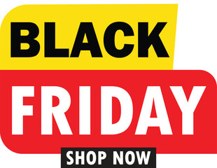 A vibrant Black Friday sale banner with bold black text on yellow and red backgrounds, encouraging shoppers to 