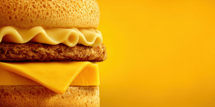 Delicious cheeseburger with melted cheese and a golden yellow background. A mouthwatering cheeseburger is shown in a close-up shot, perfect for food and restaurant promotions.