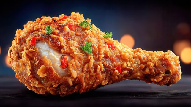 Crispy fried chicken leg with spicy peppers and fresh parsley, a tempting meal for food lovers and restaurant menus, offering a tasty and flavorful experience