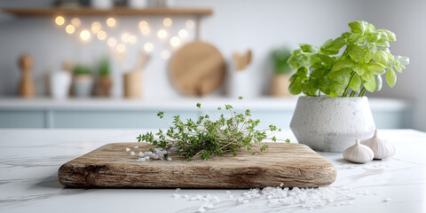 Fresh thyme, garlic, and basil on a wooden cutting board in a bright kitchen setting. fresh herbs and garlic, perfect for culinary projects and adding a touch of natural beauty to any design.