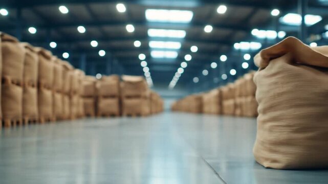 Bulk grain product in sack with spilled contents inside large warehouse storage facility ready for distribution